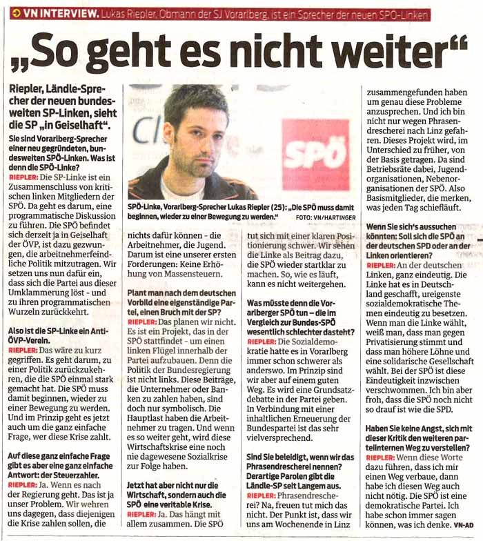 „So geht es nicht weiter“ – Vorarlberger Nachrichten interviewt Lukas Riepler vom SprecherInnenrat der SPÖ-Linke