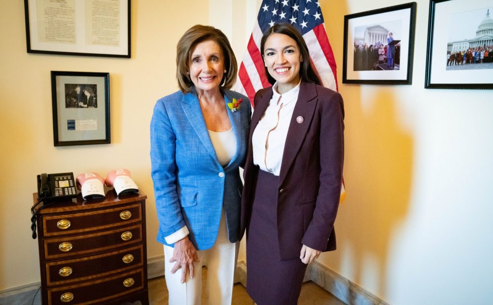 Nancy Pelosi with Rep AOC at the Speakers Room scaled e1586873137144